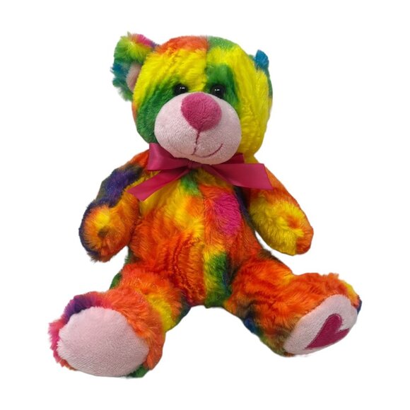 Kellytoy Colorful Rainbow Plush Tie Dye Teddy Bear Pink Bow Stuffed Animal 12 in - Picture 2 of 9